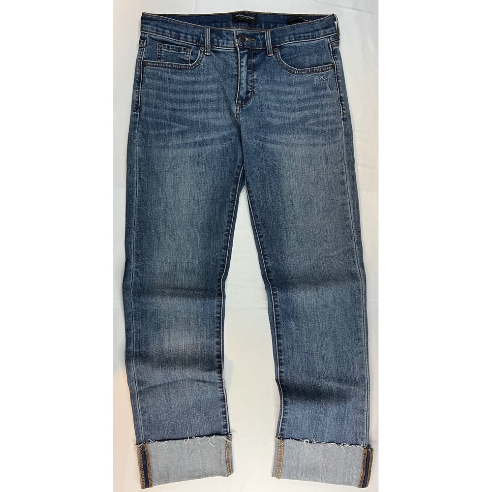 Banana Republic Premium Denim Girlfriend Jeans Medium Wash Raw Cuff Size 28